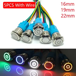 5 pcs Metal Push Button Switch 16mm 19mm 22mm Ring Lamp Power Symbol LED Light 6V 12V 24V 220V Self lock reset with connector