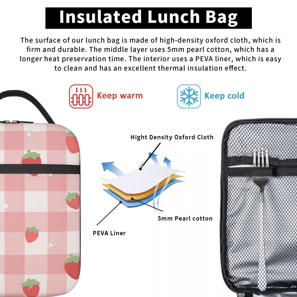 Strawberry Plaid Insulated Lunch Bag for Women Kids Portable Food Boxes Thermal Lunch Box Tote