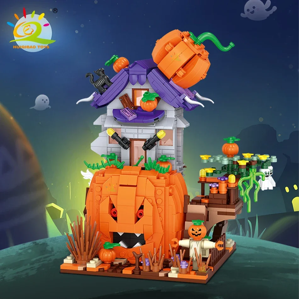 HUIQIBAO Halloween Mini Pumpkin House Micro Model Building Blocks City Kid DIY Pumpkin Carriage Set Bricks Toys Children Gift