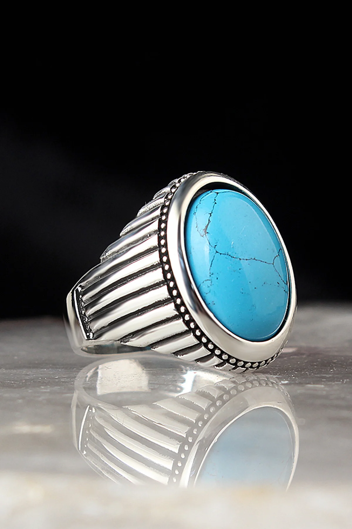 Turquoise Gemstone Column Pattern 925 Sterling Silver Men 'S Ring