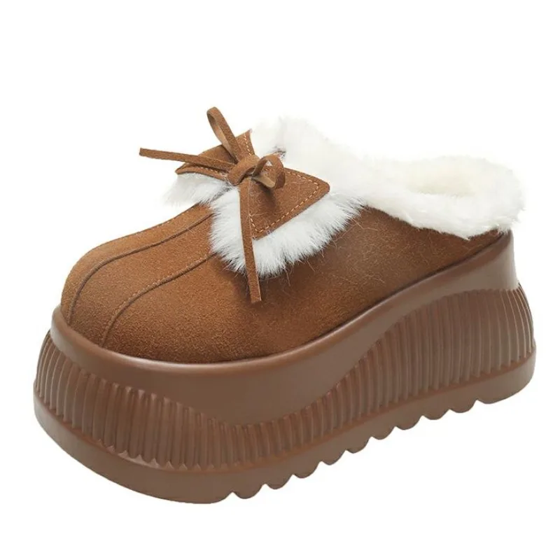 11CM Platform High Heels Women Butterfly-knot Slippers Suede Mules Shoes Winter Casual Snow Boots Short Plush Warm Cotton Shoes