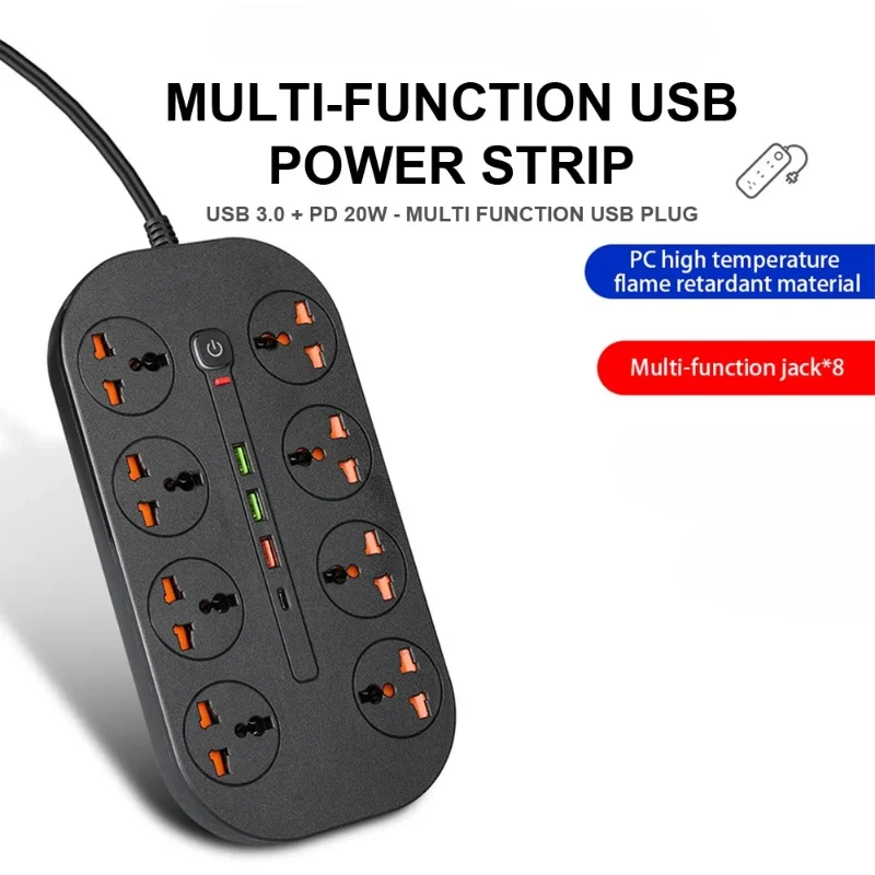 Universal Power Strip Socket With Extension Cable USB Type-C Port For EU US UK Plug AC Outlet Multiprise Network Filter Adapter