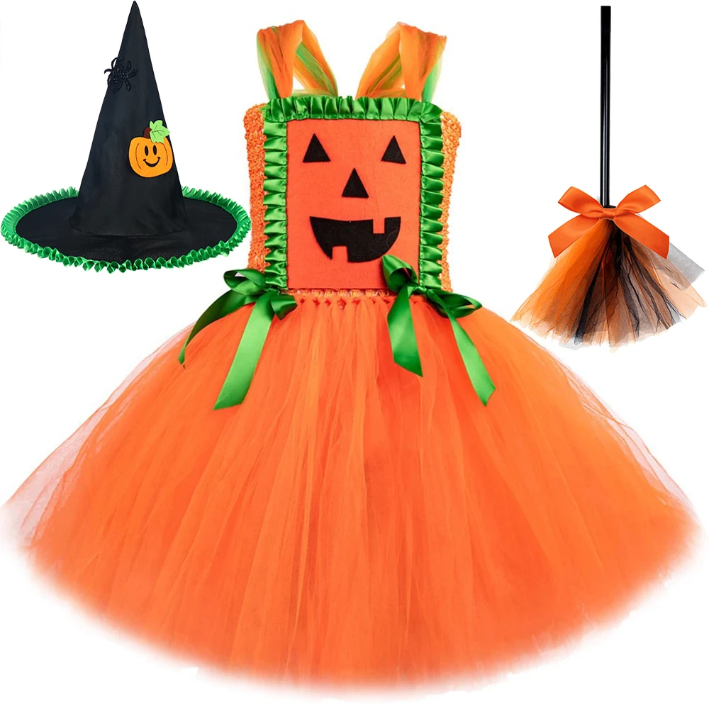 

Orange Pumpkin Costumes for Girls Halloween Dresses for Kids Witch Cosplay Outfit with Hat Broom Children Carnival Party Clothes