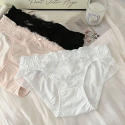 Comfortable Ruffle Ice Silk Panties Mesh Bow Low Waist Briefs Solid color Cotton crotch Women Lace Underpants Female