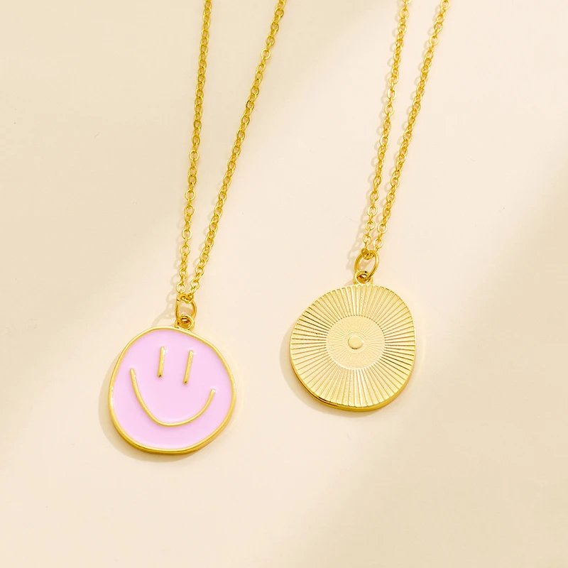 Enamel Colorful Smiling Face Pendant Necklace Cute Gold Plated Smiley Necklaces For Girls Women