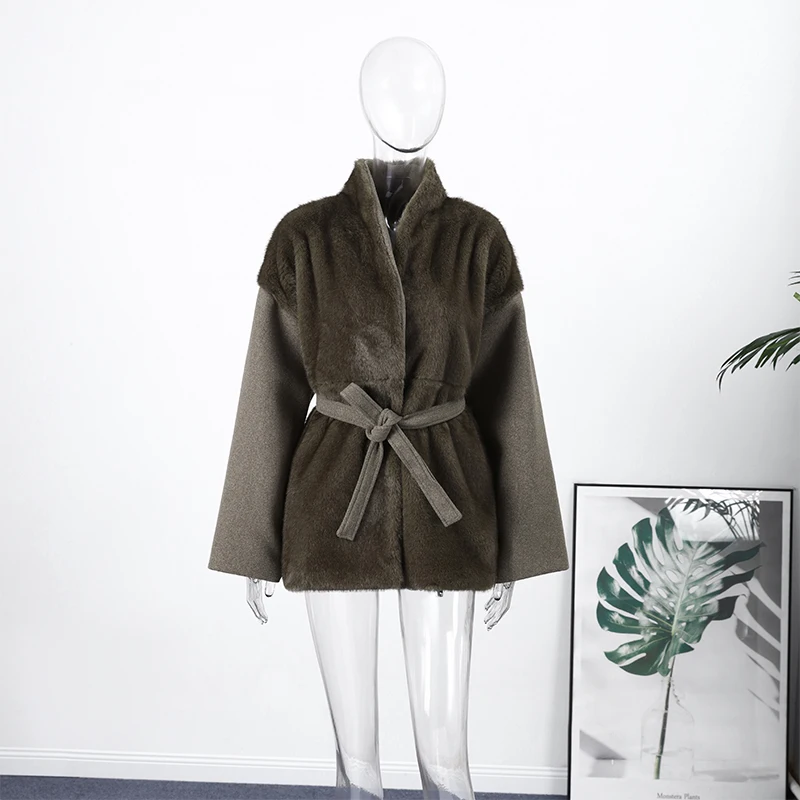 Schicke Jacke mit Kunstfell-Patchwork für Damen, mit Gürtel, Stehkragen, langen Ärmeln, versteckten Knöpfen und Schnürung, locker geschnitten, 2026, Damen-Alltagsjacke – Detail 1