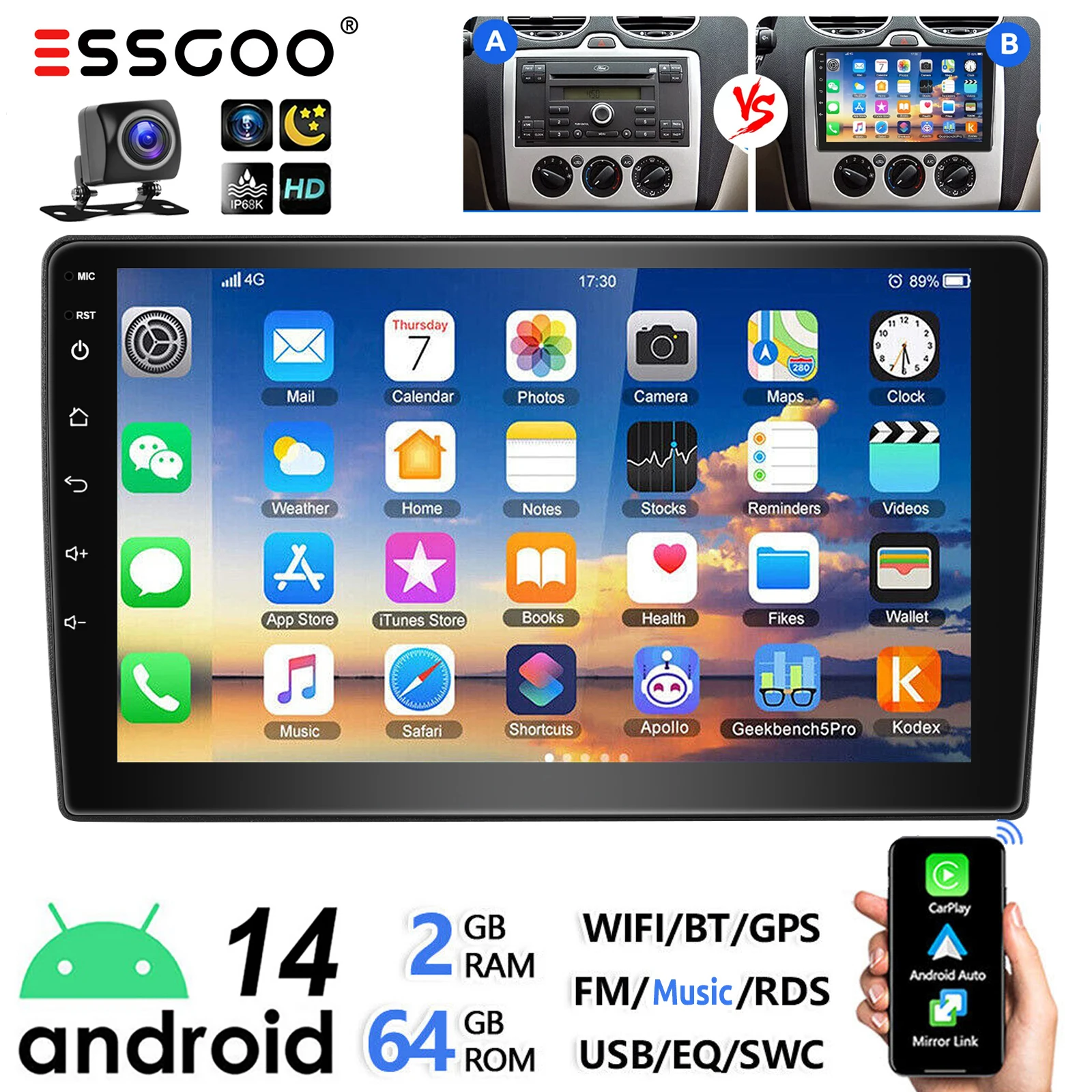 ESSGOO 9" Android 14 voor Ford Transit Connect MK7 Focus Galaxy Fiesta C S Max Kuga Auto Stereo Wireless CarPlay Android Auto GPS Navi Wifi RDS USB EQ SWC Bluetooth Touchscreen 2 DIN
