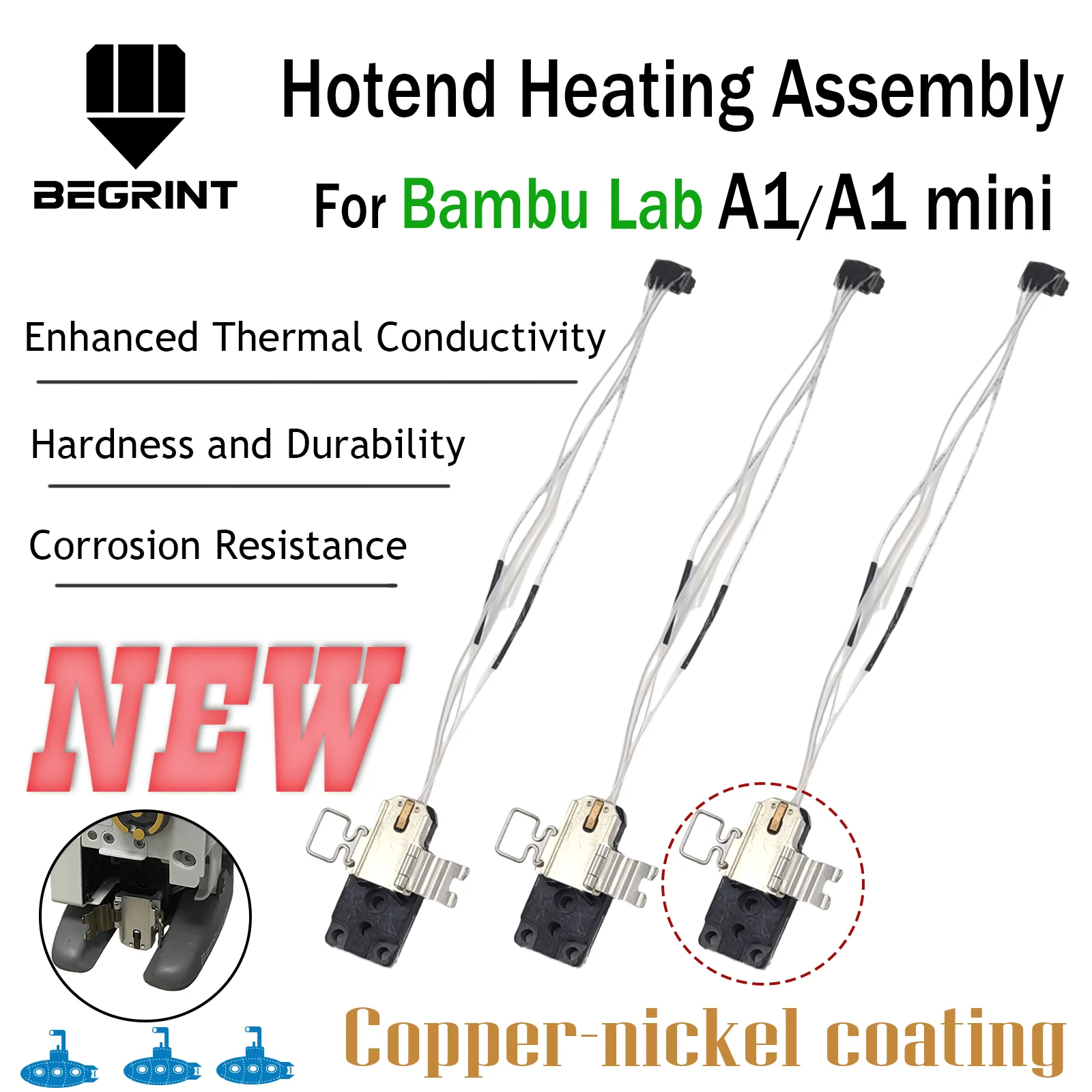 

Upgrade Hotend Heating Assembly For Bambu Lab A1/A1 mini Nickel Plated Copper Nozzle Mounting Components for Bambu lab A1 mini