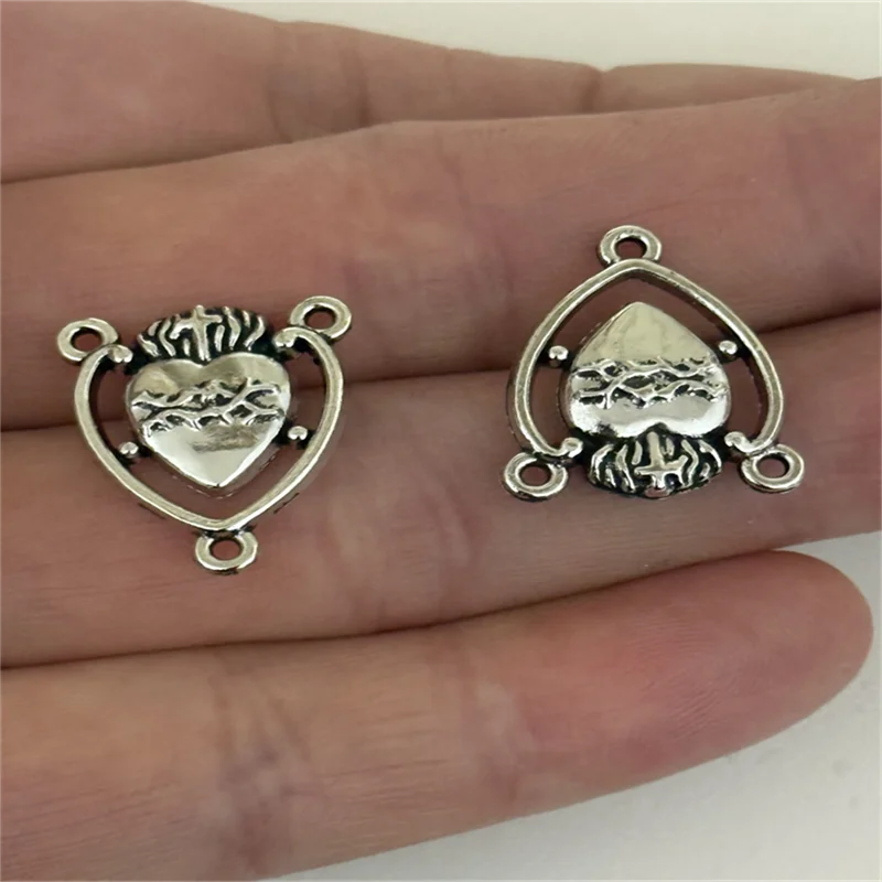 12/20pcs Silver Plated Catholic Sacred Heart Porous Connectors DIY Charms Rosary Necklace Bracelet Jewelry Crafts Making