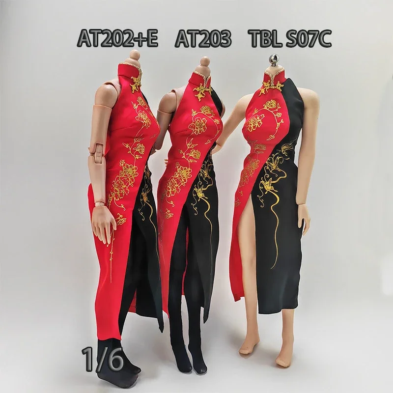 1/6 Scale Female Cheongsam Dress Colorblock Printed Slit Clothes for 12 Inch Action Figures Soldier TBL AT203 Doll Body