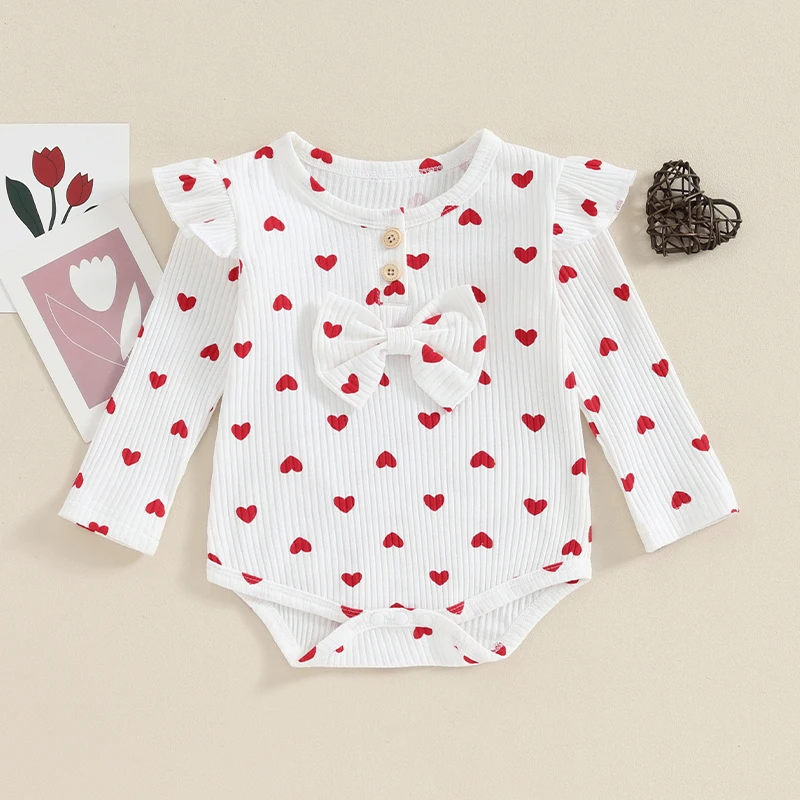 

0-12M Newborn Baby Girls Ruffle Romper Valentine's Day Boyduist Long Sleeve Crewneck Heart Print Bow Ribbed Autumn Jumpsuit