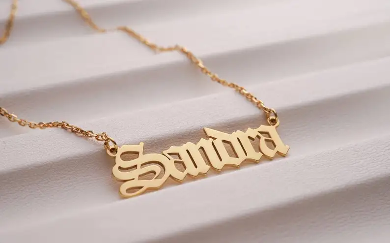

Personalized Old English name necklace, custom Gothic nameplate necklace. Old English font pendant jewelry gift.