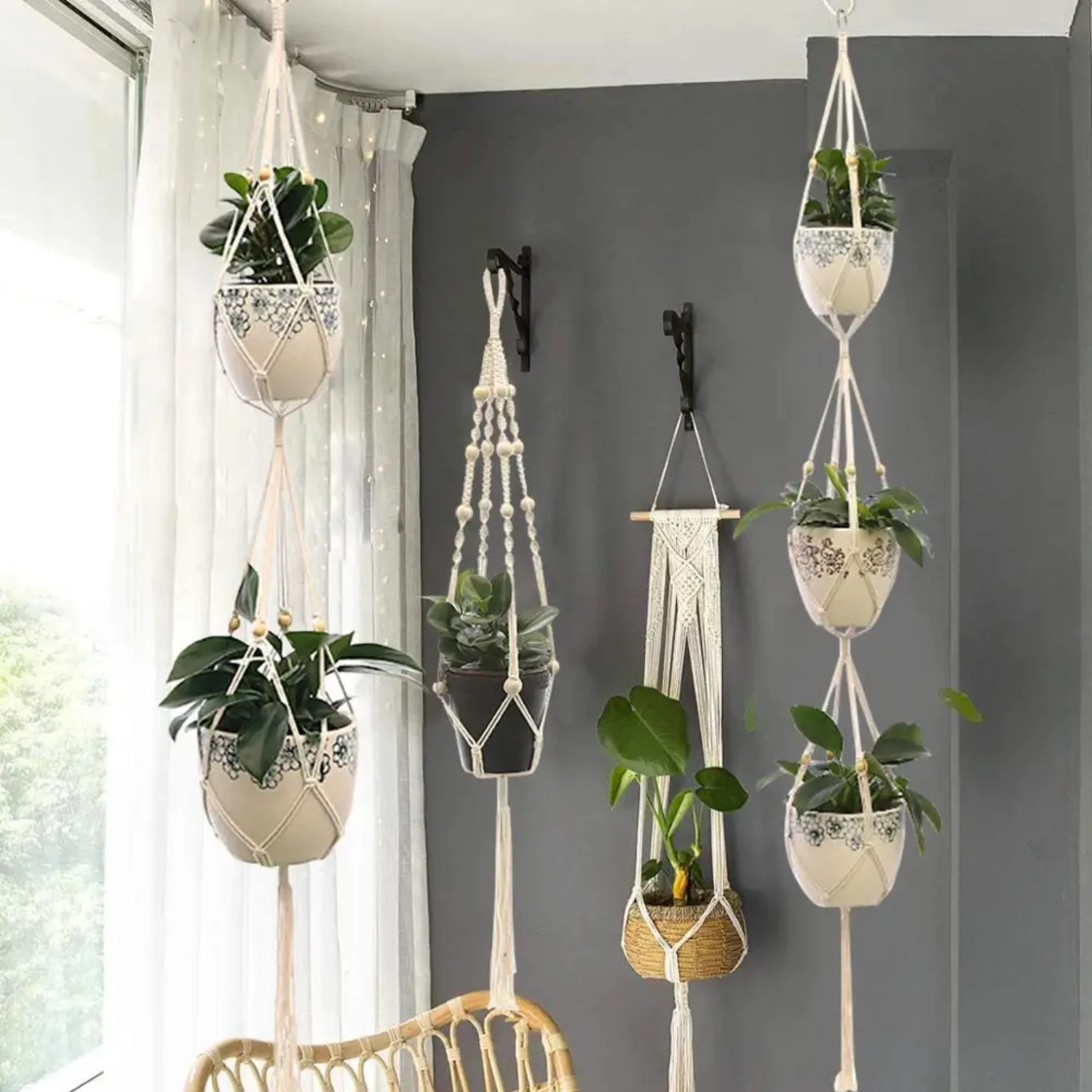 Handmade Macrame Hanging Plant Hanger for Flower Pot - Boho Style Planter Hanger for Wall Decor - Rustic Handcrafted Courtyard G