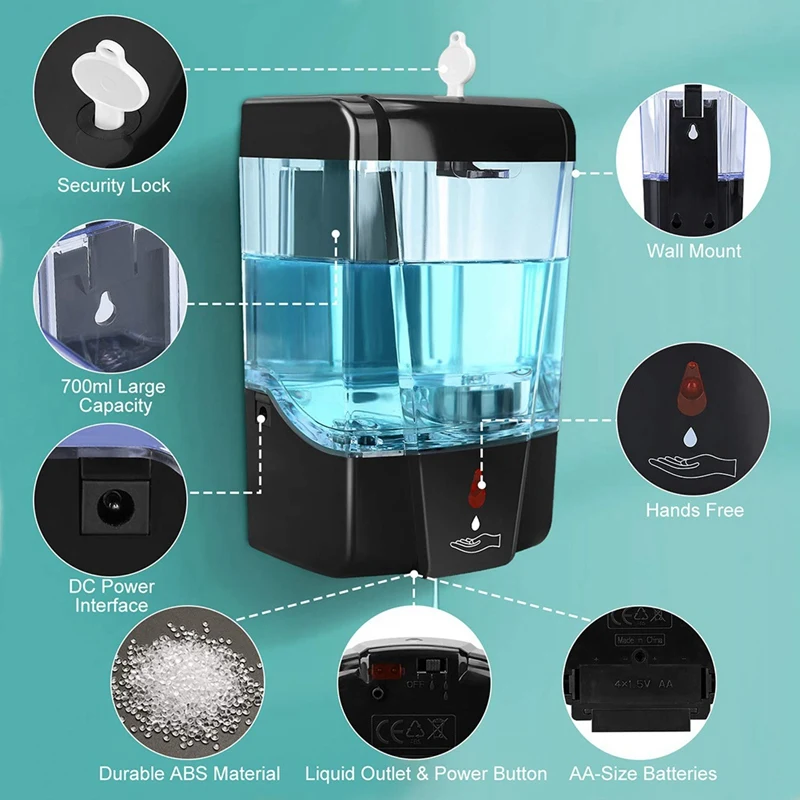 뜨거운 자동 비누 디스펜서, 비접촉식 적외선 모션 센서, 700Ml 벽 마운트, 욕실 주방 호텔용 핸즈프리