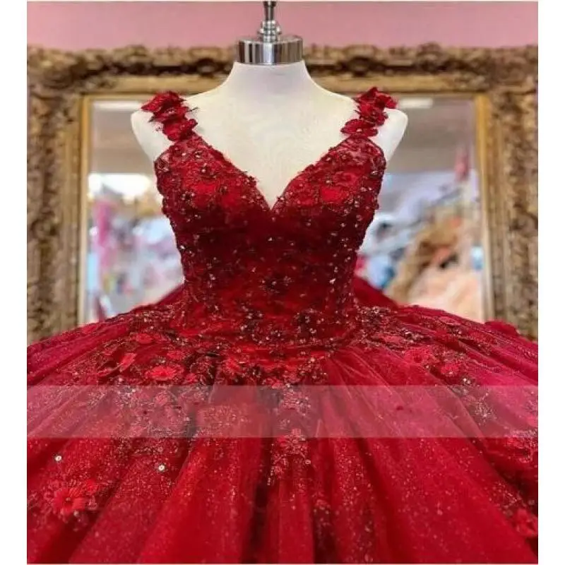 Shoulder V-neck Wine Red Wedding Strap Flower Beaded Colored Yarn Adult Ceremony Ball Dress Princess Puff Dress Customized