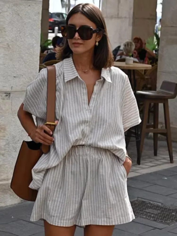 

Women Elegant Stripes Cotton Linen Loose Shirt Shorts Suits Fashion Lapel Half Sleeves Elastic Waisted Shorts Summer Lady Outfit