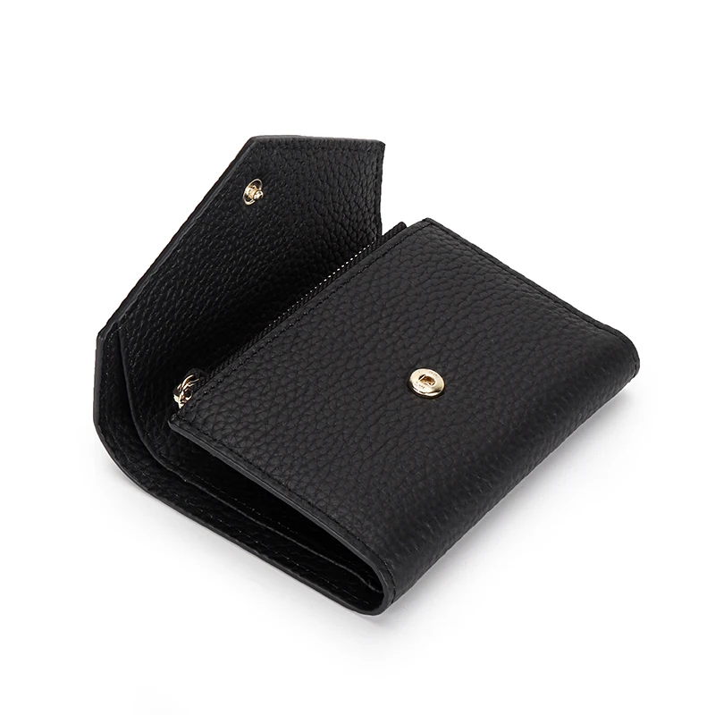 Portefeuille court en cuir de vache véritable pour femme, fermeture à bouton-pression, enveloppe simple, porte-cartes, porte-monnaie, 100% cuir de vache