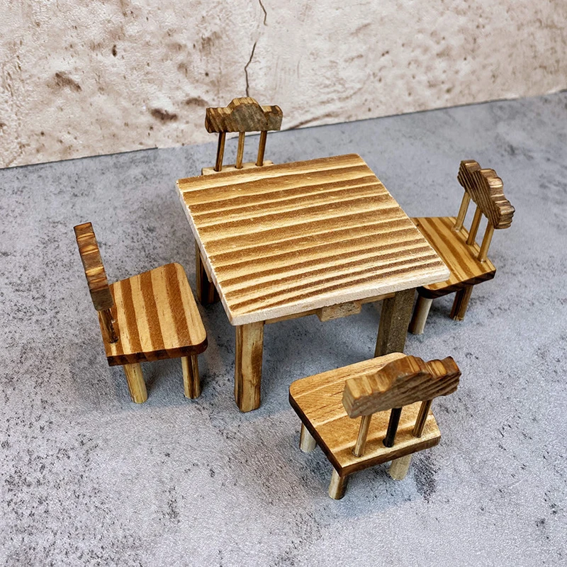 1 Set DIY Accessories Dollhouse Mini Kitchen Wooden Table And Chair Model For Doll House Kitchen Dining Room Furniture Decor