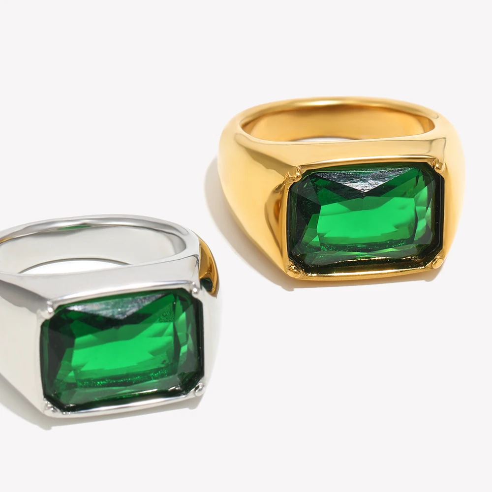 E.B.belle Simple Green Square Diamond Ring Tarnish Free Hypoallergenic Gold Plated Fashion Statement Suit For Women's Jewelry