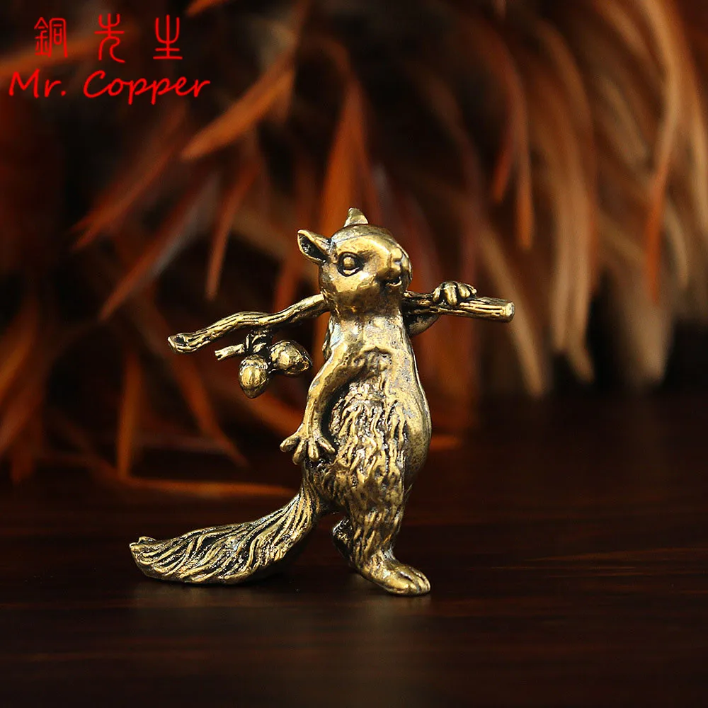 Brass Cute Squirrel Small Statue Desktop Ornaments Vintage Animal Figurines Model Beauty Home Decorations Crafts Accessories ﻿