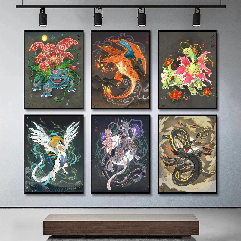 Ukiyoe Style Canvas Poster Pokemon Wall Art Birthday Gifts Children's Bedroom Decor Picture Waterproof Living Room Modular Print