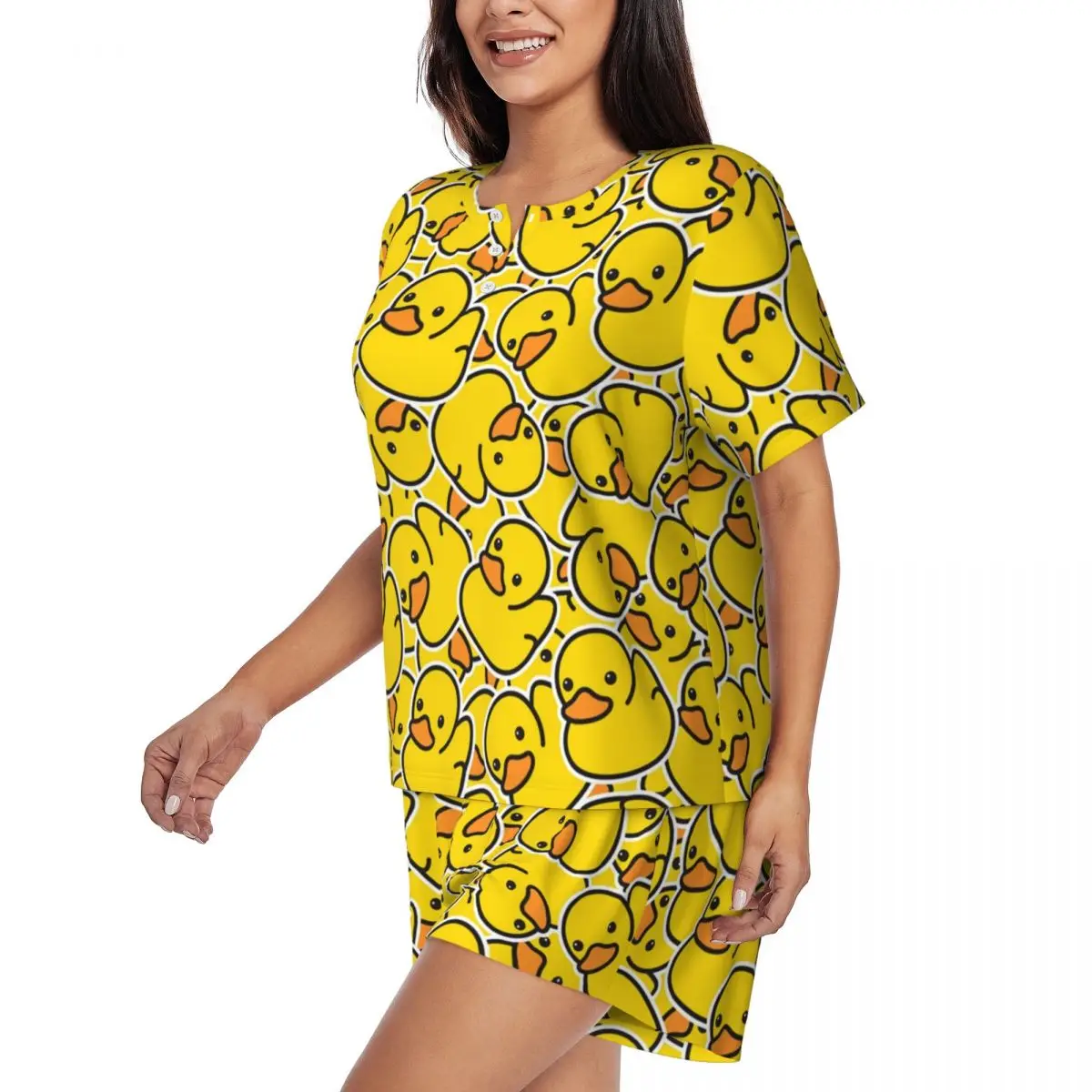 Custom Yellow Classic Rubber Duck Gothic Pajamas Set Women's 2 Piece Short Sleeve Sleepwear Loungewear PJ Shorts Sets