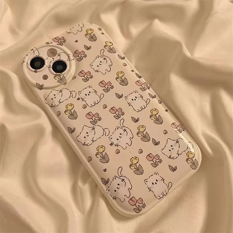 Coque de téléphone chat fleur mignon avec support, coque en silicone pour iPhone 14 Plus 7 8 X XS Poly 11 12 13 Pro Max