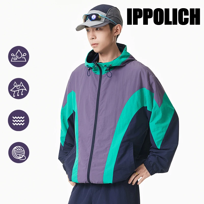 Unisex Color‑blocked Loose Hiking Hooded Jacket Waterproof Windproof Zip‑Up Casual Outdoor Sports Camping Coat for Men Wome