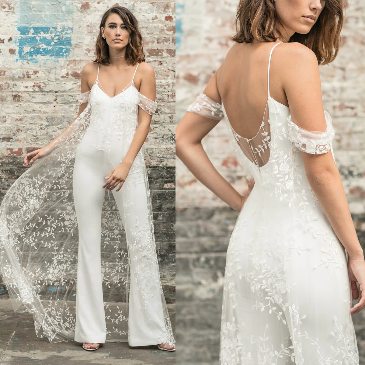 Spaghetti Straps Customized Wedding Jumpsuit Ivory Off Shoulder Sweetheart Backless Floral Lace Long Pants Romper Bridal Gown