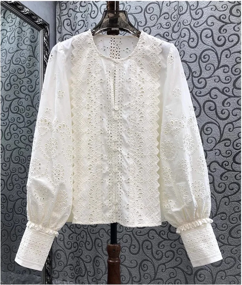 100%Cotton Shirts 2025 Spring Summer Blouses Women Allover Exquisite Flower Embroidery Long Sleeve Apricot Shirt Vintage Tops