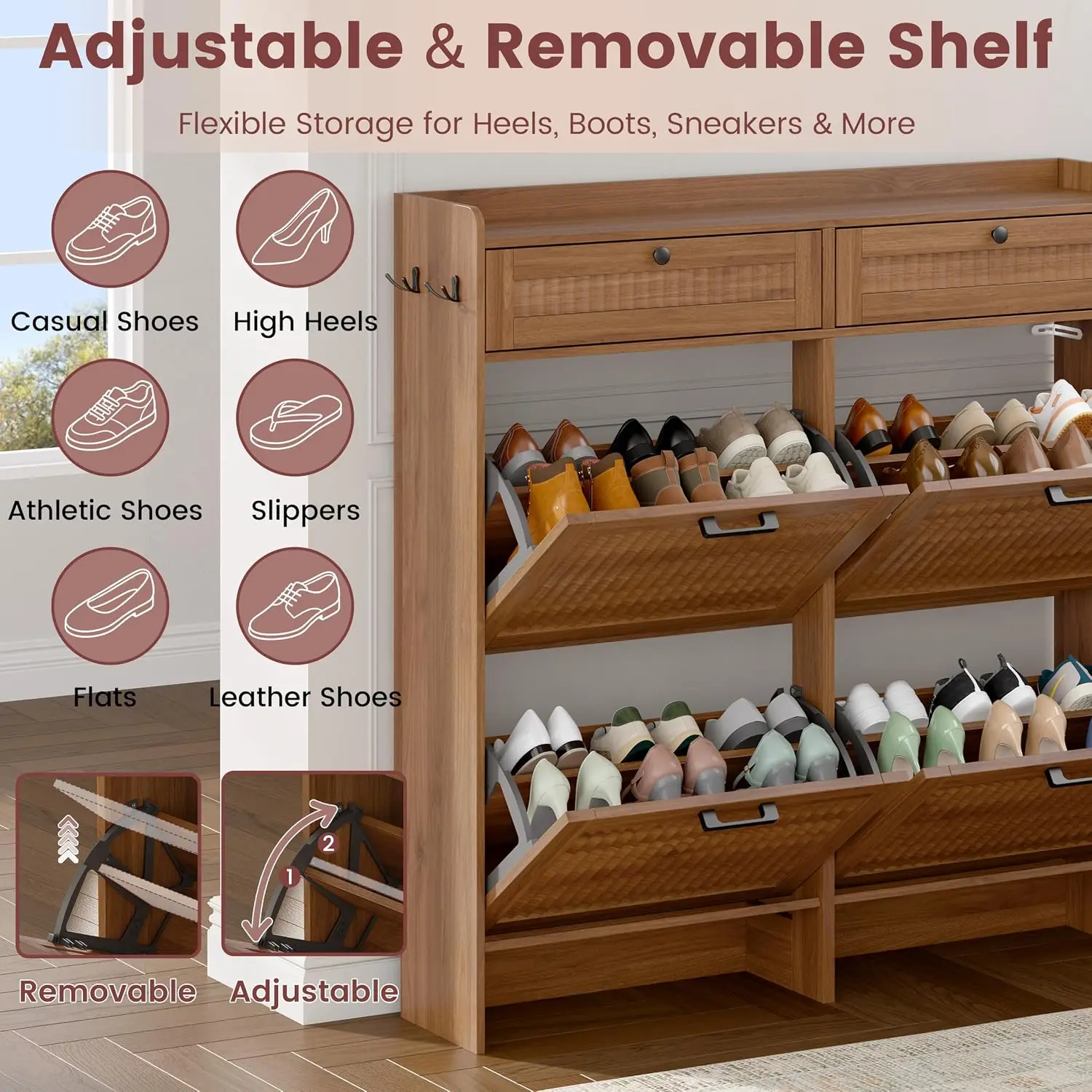 Fluted Shoe Cabinet 4 Flip & 2 Top Drawers Walnut Entryway Storage, Customized