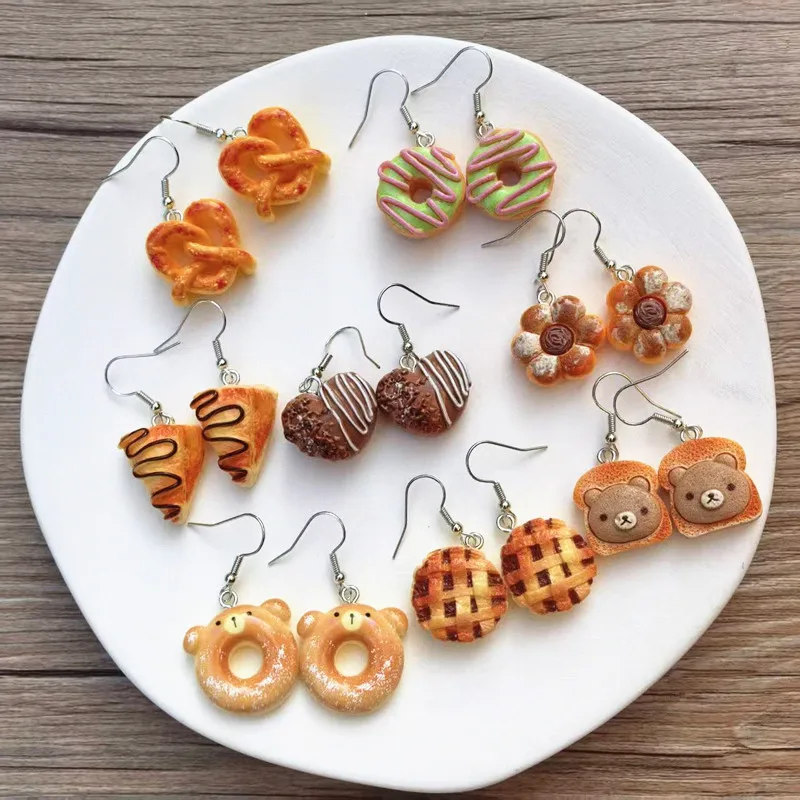 Cartoon Resin Bear Flower Toast Cake Donut Earrings Fun Food Dangle Earring Jewelry Gifts for Children Girls