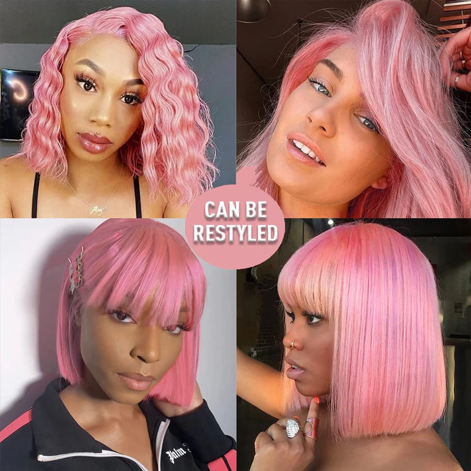 CUBIC Pink Colored Lace Frontal Wig Short Straight Bob Brazilian Remy Human Hair Wigs For Women HD Transparent Lace Frontal Wig