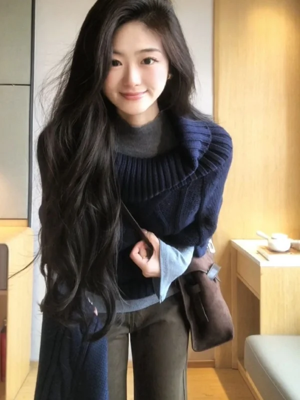 

Женский свободный трикотажный свитер из хлопка на зиму, теплый, с длинными рукавами, круглым вырезом, повседневный, удобный, модный, уникальный топ