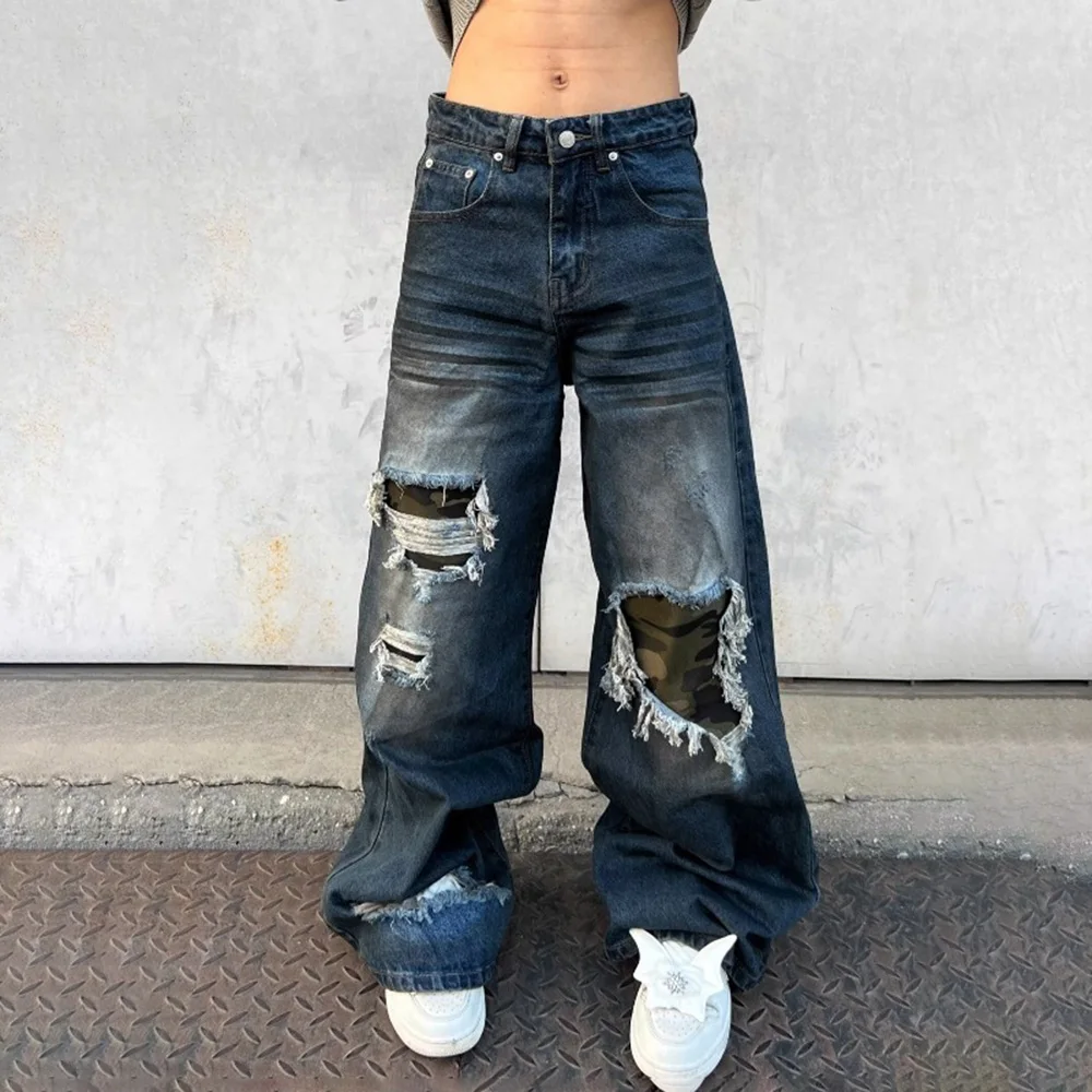 Zomer nieuwe heren contrasterende kleur baggy jeans wijde pijpen broek Amerikaanse vintage modetrend straat hiphop niche herenbroeken