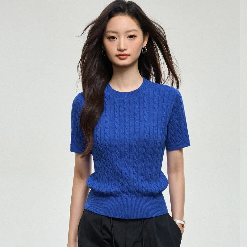 100% cotton knitwear women's summer new style style thin Fried Dough Twists thin short sleeve round neck top thin