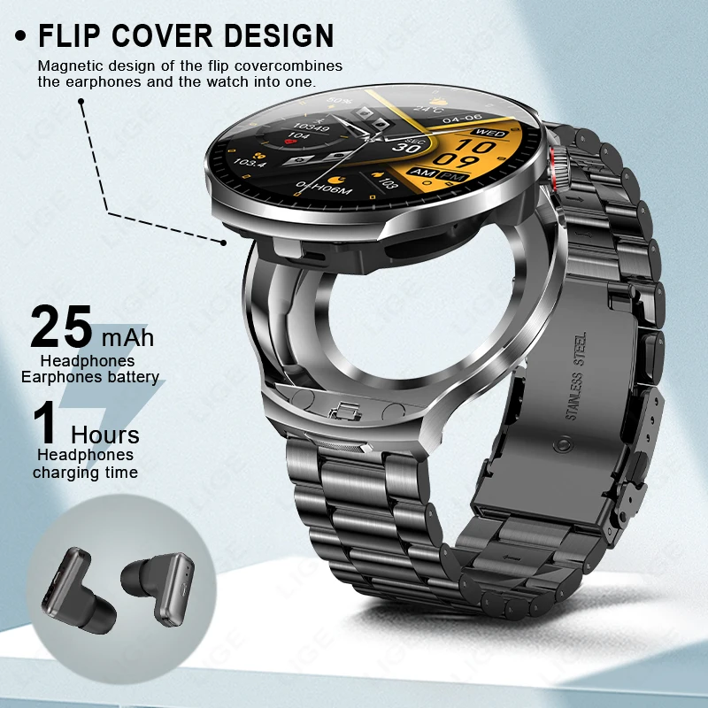 LIGE ساعة ذكية TWS 2 في 1 سماعة بلوتوث دعوة معدل ضربات القلب ضغط الدم مراقبة الصحة سماعات تشغيل الموسيقى Smartwatch