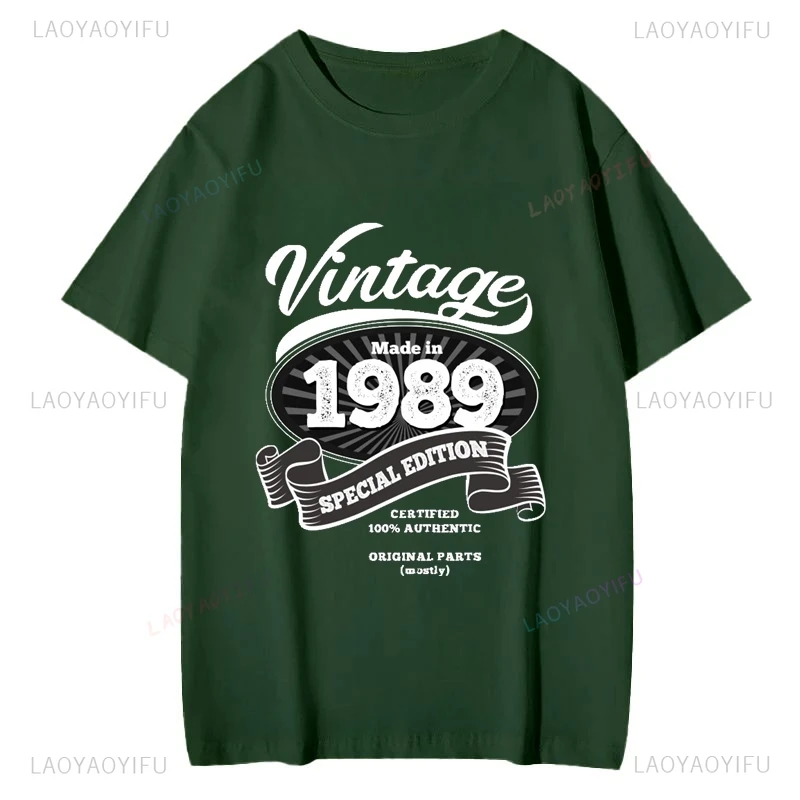 هدية تذكارية لعيد ميلاد 1989، بلوزة منقوشة على الطراز العتيق، قميص بأكمام قصيرة للجنسين، تي شيرت قطني للشارع اليومي