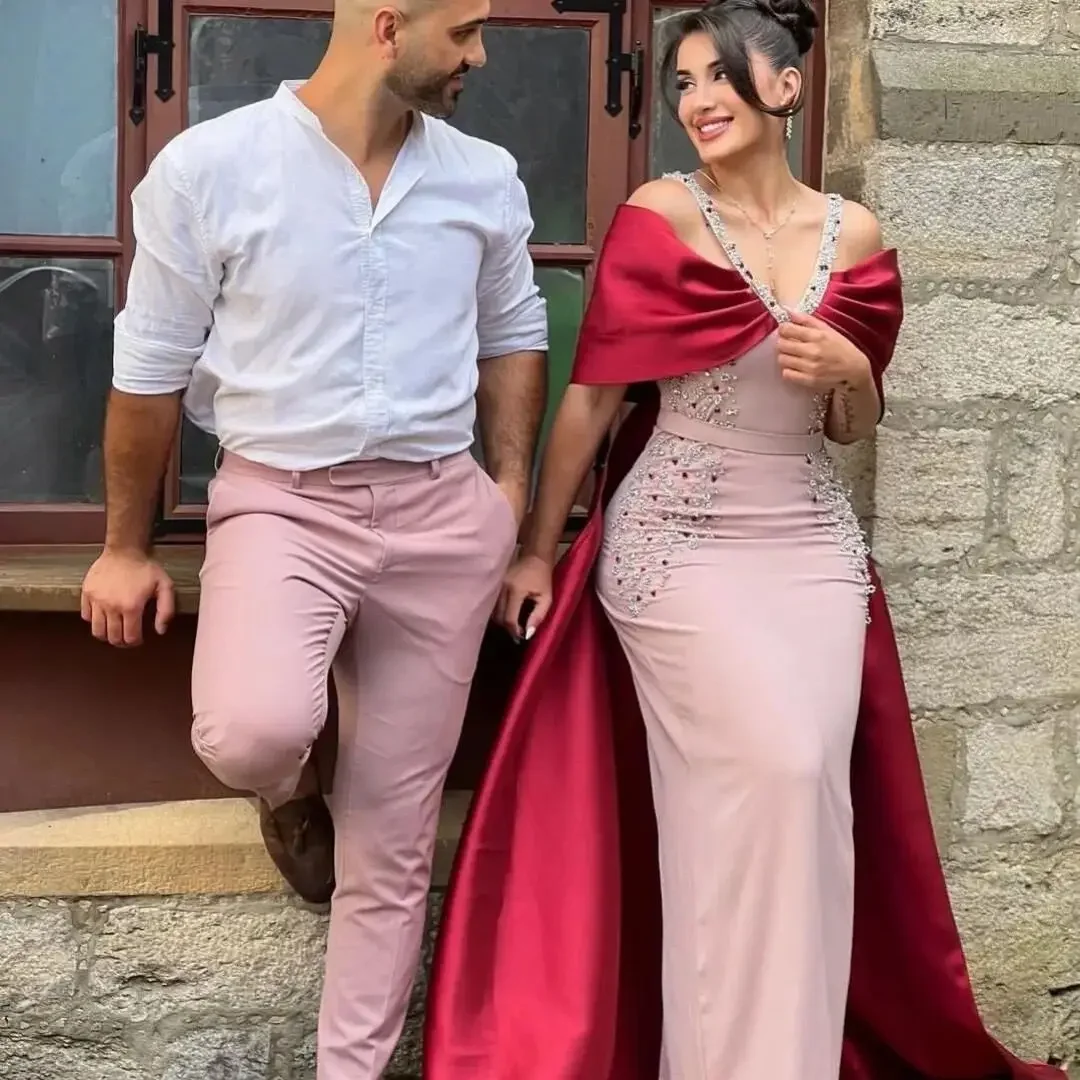 Customized V-Neck Pink Burgundy Mermaid Luxury Arabic Evening Dresses Dubai Engagement Dress Formal Women Prom Party Gowns 2024