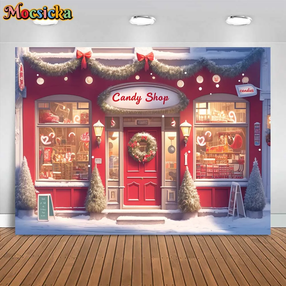 Mocsicka-Cenário De Natal De Inverno Para Fotografia, Loja De Doces, Porta Vermelha, Grinalda, Campo De Neve, Árvore De Natal, Foto Fundos Estúdio, Menina