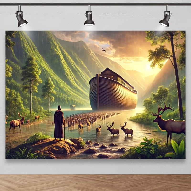Noahs Ark With Animals And Man In Rainy Mountain Valley Wall Mural For Religious Home Decor
