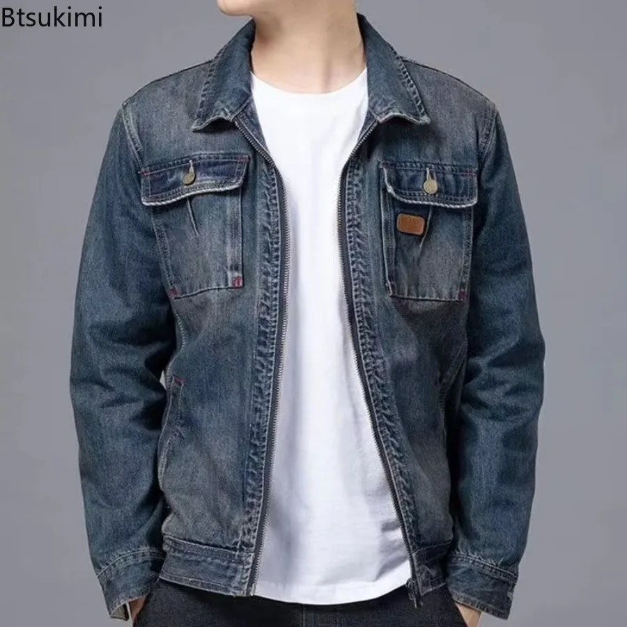 

New Men's Denim Jackets Spring Autumn Zipper Pocket Lapel Jean Coats Motorcycle Vintage Aesthetic Casual Men Jackets Streetwear