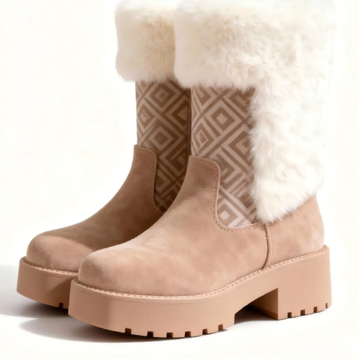 أحذية نسائية من جلد الغزال ذات نعل سميك من الفرو الصناعي ونعل مكتنز بنمط هندسي لشتاء كاجوال مريح يبدو يوميًا أو خارجيًا #5