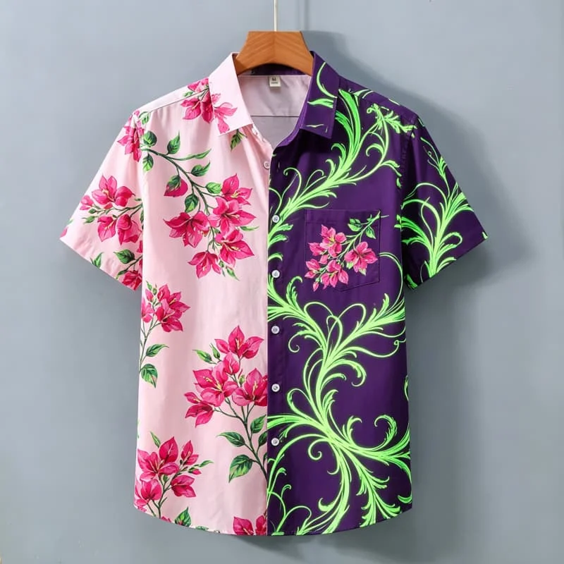 Men's Shirt Cuban Collar Split Color Peony Floral Print Short Sleeve Regular Fit Men Top Holiday Urban Casual Male Apparel