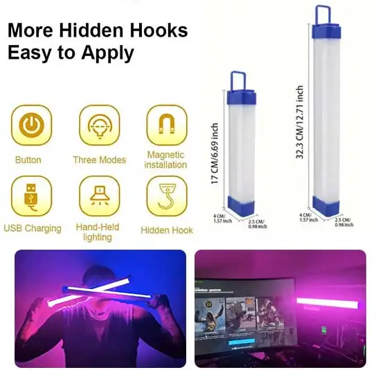 Luz nocturna USB, lámpara de habitación con palo púrpura, atmósfera RGB, 32cm, colgante de mano, transmisión en vivo, tubo de relleno