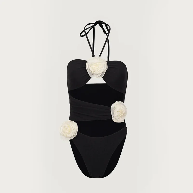 TYAKKVE 2024 New Women's Swimsuit Sexy Hanging Neck Hollow Bikini 3D Flower One-piece Swimwear Beachwear Bathing Suit Thongs