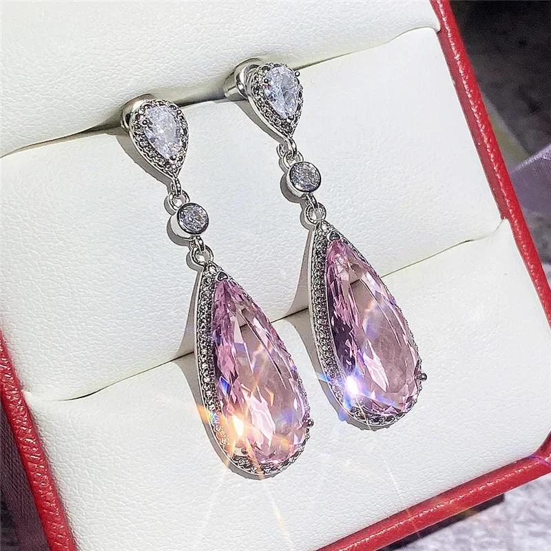 Luxury Gemstone Earrings Set 9*20mm Pink Crystal Zircon Jewelry Exquisite and Shiny Women's Birthday Gift Wedding Accessories