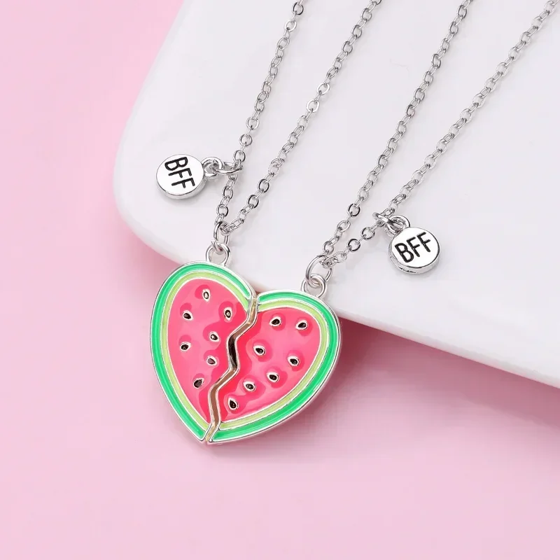 Lovecryst 2Pcs/set Sweet Summer Watermelon Pendant Best Friend Necklace for Kids Girls Fashion Friendship Gifts
