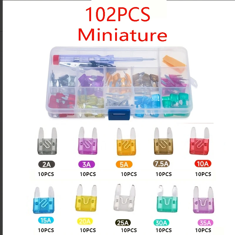 102/152/202 Piece Automotive Fuse Combination Set, Available in Multiple Current Specifications, Includes Fuse Removal Tool. Fast Overload Protection, Reliable Protection for Vehicle Electrical Circuits; Compartmentalized Storage Box for Organized Storage, Convenient for On-Board Backup, Suitable for Most Household Cars and for Repairing and Replacing Modified Vehicle Electrical Appliances.