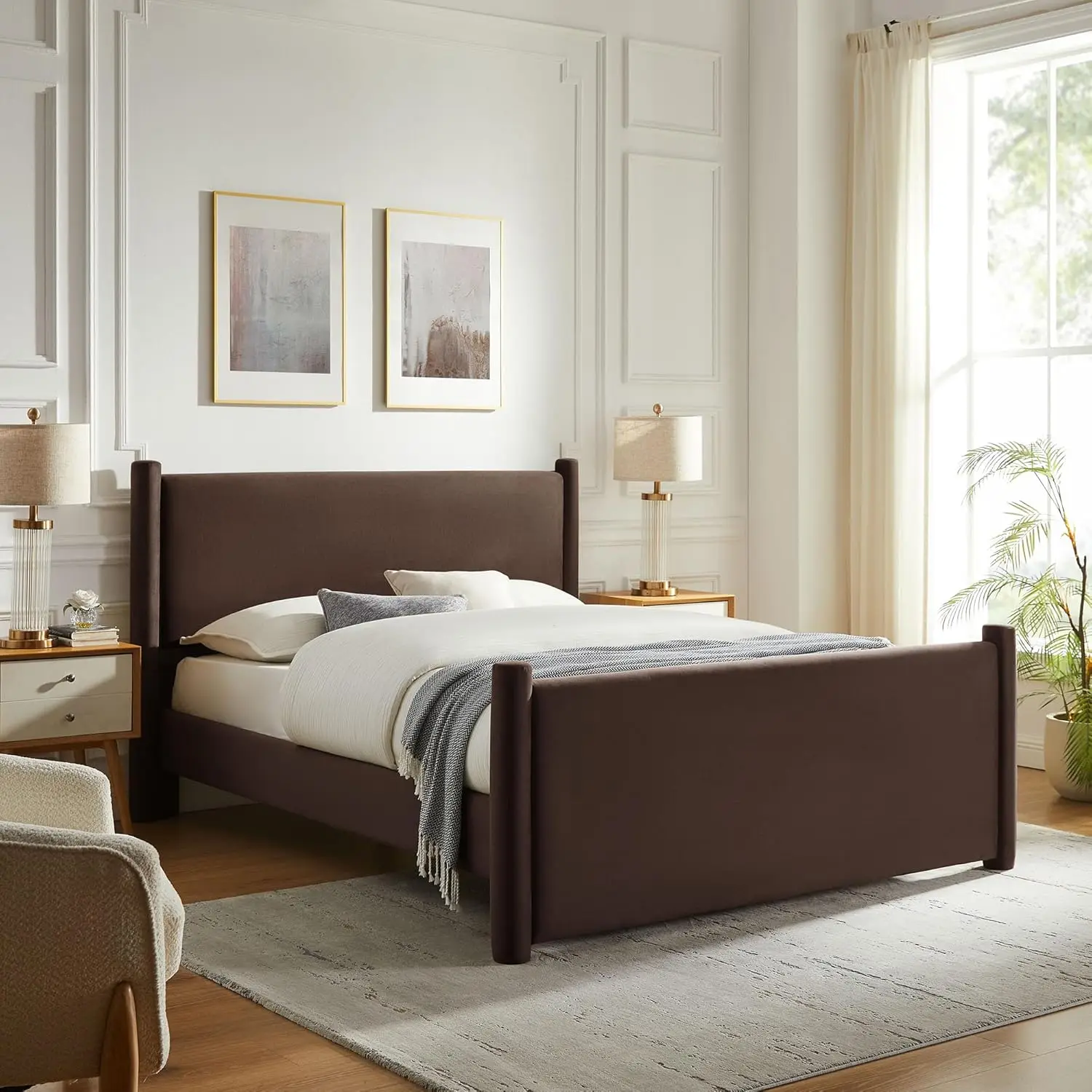 Rael Chocolate Brown Performance Velvet Platform Bed Frame with Upholstered Headboard And Footboard Stain-Resistant Bed